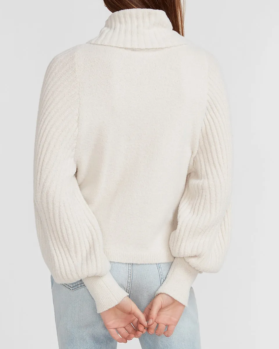 Metallic Ribbed Cowl Neck Sweater in Oatmeal