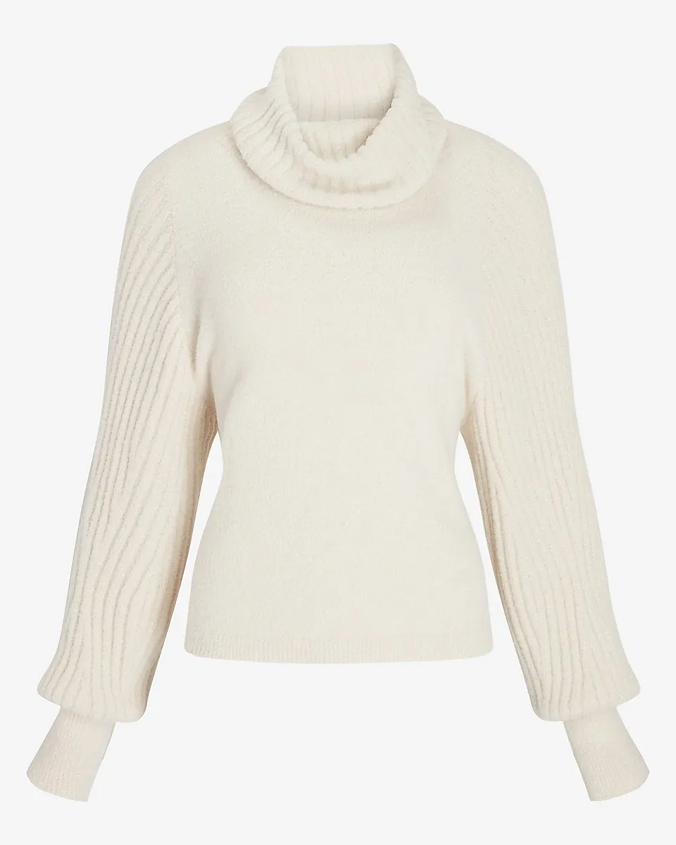 Metallic Ribbed Cowl Neck Sweater in Oatmeal