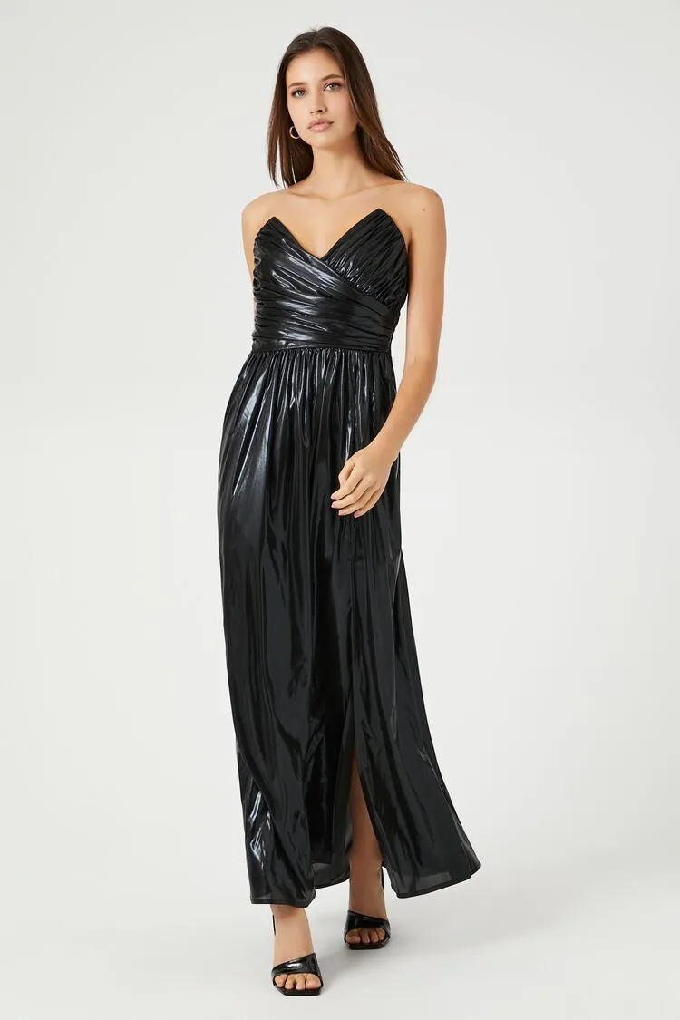 Metallic Ruched Strapless Midi Dress