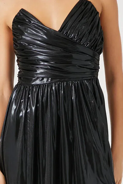 Metallic Ruched Strapless Midi Dress