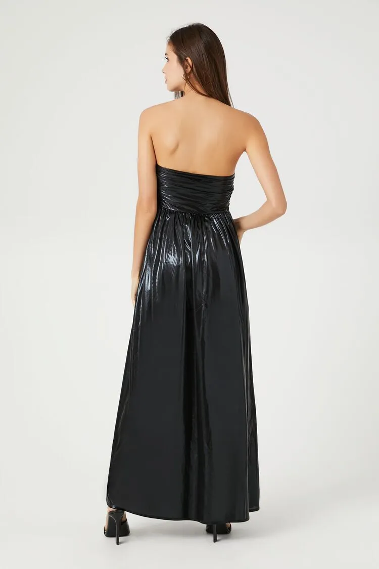Metallic Ruched Strapless Midi Dress